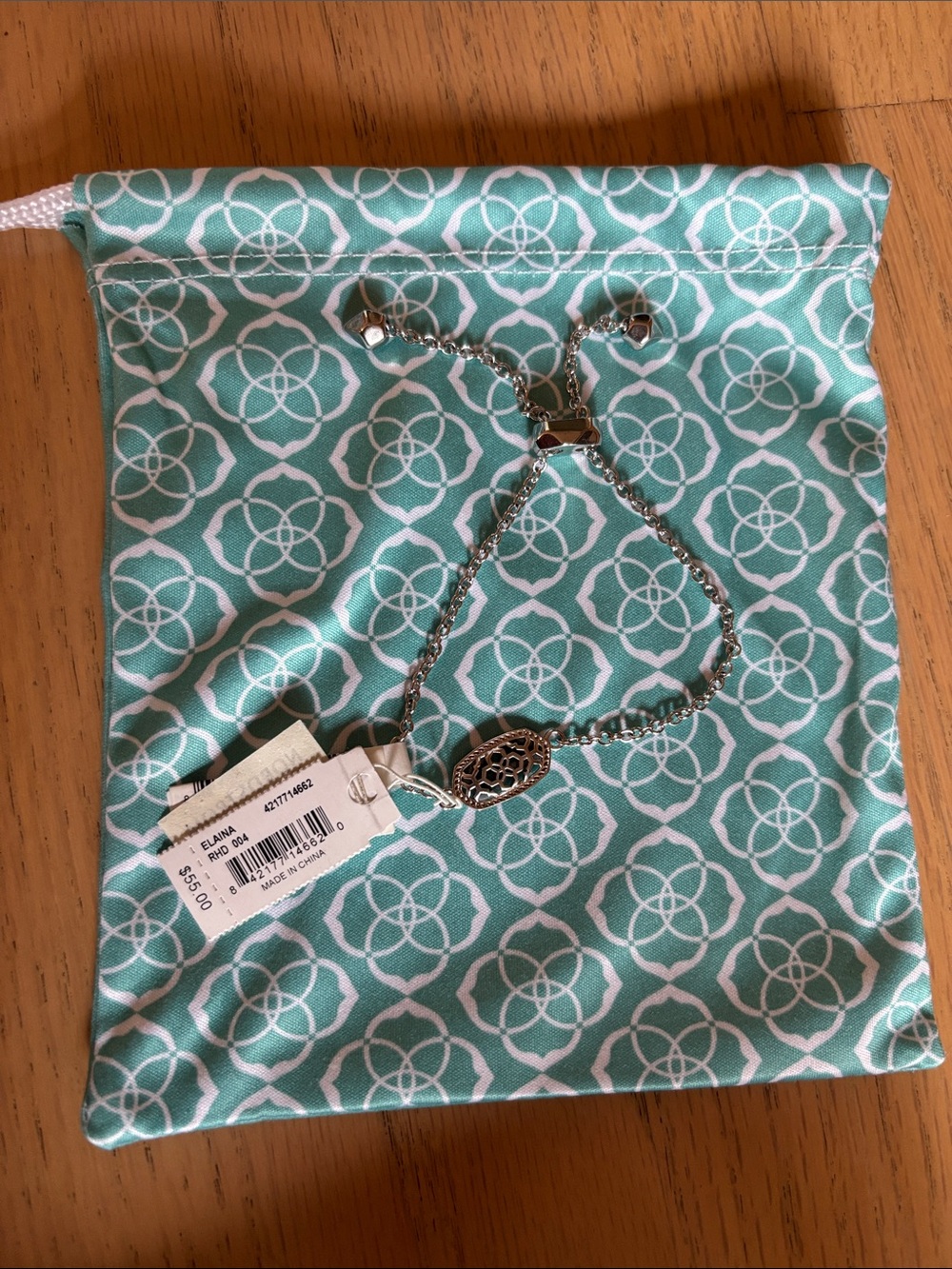 Kendra Scott Silver Adjustable Chain Bracelet in Aqua and White Pouch